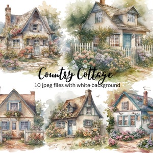 Watercolor House Clipart Bundle, Country Cottage, High Quality JPEGs, Spring Clipart, Digital Download, Card Making, Wall Art,Commercial Use