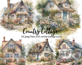 Watercolor House Clipart Bundle, Country Cottage, High Quality JPEGs, Spring Clipart, Digital Download, Card Making, Wall Art,Commercial Use