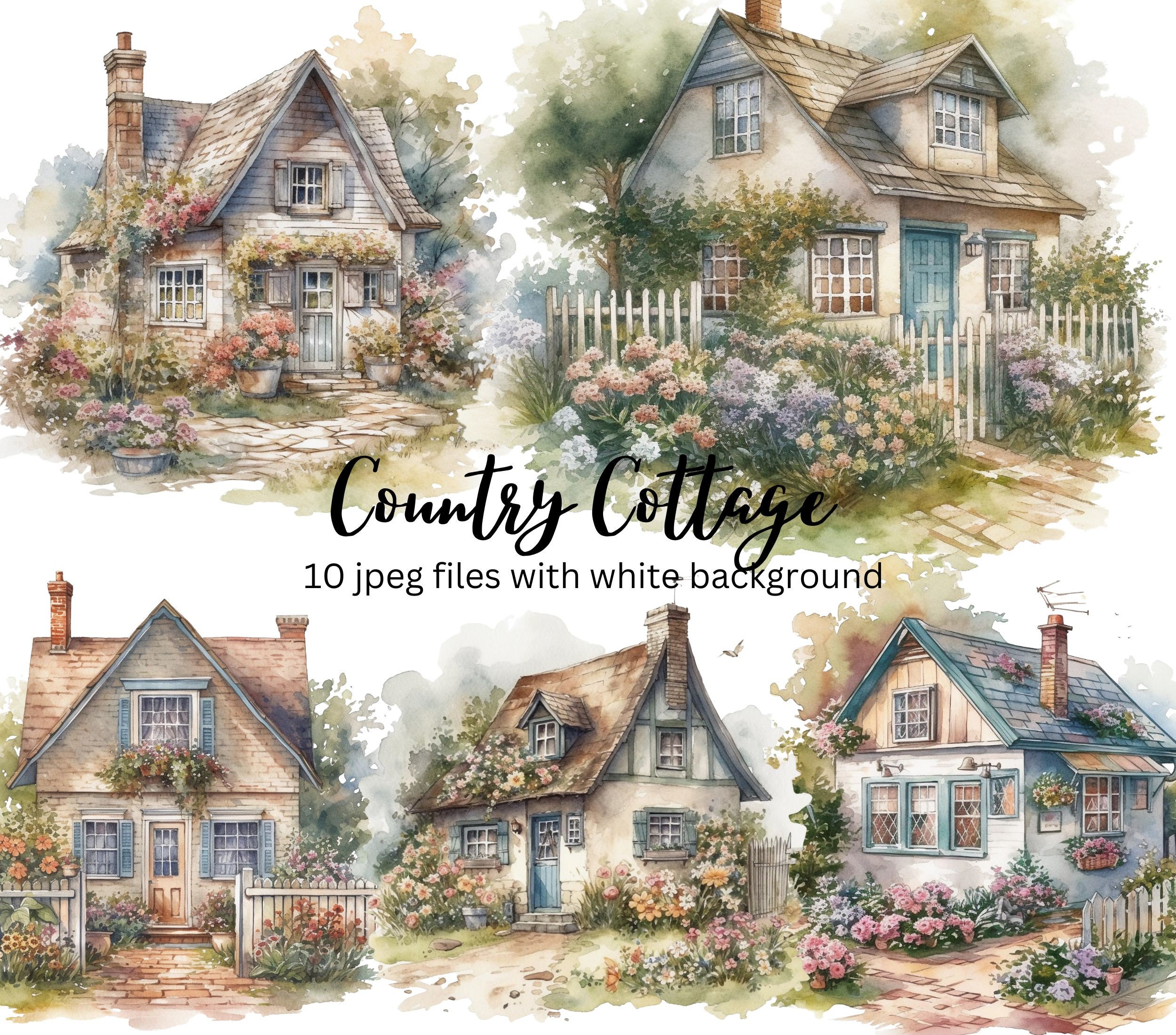 Watercolor House Clipart Bundle, Country Cottage, High Quality Jpegs ...