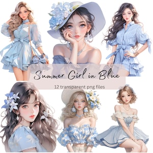 Fille d'été romantique en Clipart aquarelle bleu, PNG Transparent, téléchargement numérique, fabrication de cartes, papercraft, mode Illustration anime
