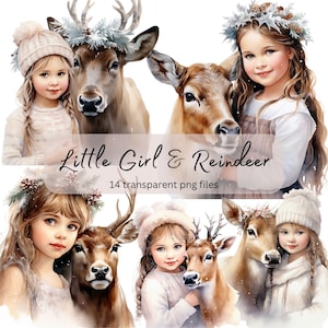 Bauernhof Mädchen mit Rentier Aquarell Clipart Bundle, transparentes PNG, süßes Kind und Tier, Papier Handwerk, Junk Journal Scrapbook Kartenherstellung
