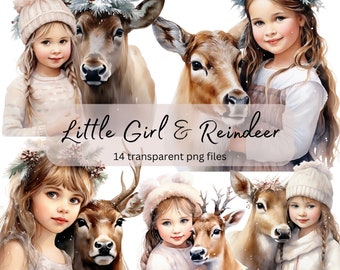 Farm Girl With Reindeer Watercolor Clipart Bundle, transparent PNG, Cute Child and Animal, Paper craft, Junk Journal Scrapbook Card Making