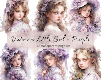 Victorian Vintage Little Girl Watercolor Clipart Bundle, Transparent PNG, Digital Download,Card Making Scrapbook Junk Journal Commercial Use