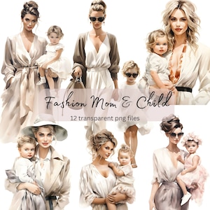 Mode Mutter und Kind Aquarell Clipart Bundle, transparente PNG, digitaler Download, Karte machen Frau, Mode-Illustration kommerzielle Nutzung