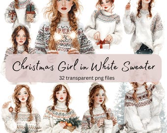 White Sweater Christmas Girl Watercolor Clipart Bundle, Transparent PNG, Digital Download, Card Making Woman Lady, Cozy Life, Junk Journals