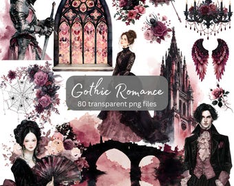 Gothic Romance Watercolor Clipart Bundle, transparent PNG, Dark Fantasy Victorian Era illustration, Paper craft, Junk Journal Scrapbooking