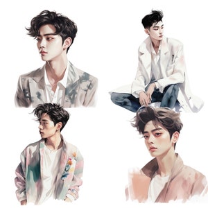 May include: A collage of four images featuring a young man with dark hair and a variety of clothing styles. The images are in a watercolor style, with soft colors and a dreamy aesthetic.