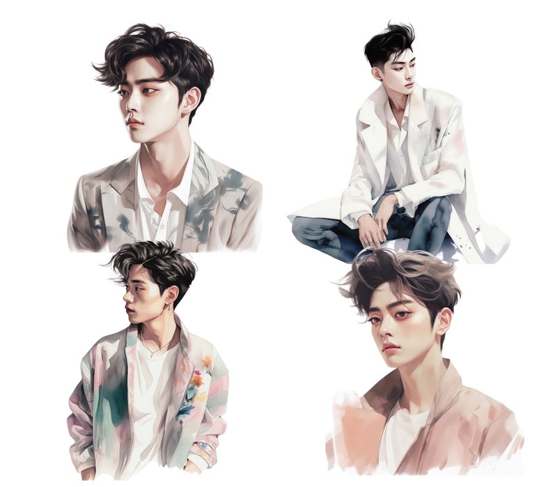 May include: A collage of four images featuring a young man with dark hair and a variety of clothing styles. The images are in a watercolor style, with soft colors and a dreamy aesthetic.