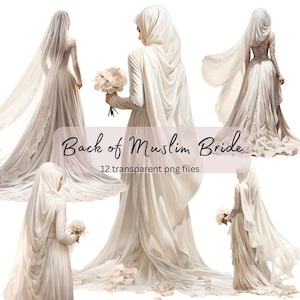 Novia musulmana espalda acuarela clipart, PNG transparente, imágenes prediseñadas románticas de boda, descarga digital, fabricación de tarjetas de álbum de recortes, uso comercial