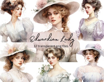 Edwardian Vintage Lady Watercolor Clipart Bundle, Transparent PNG,Digital Download,Pretty Girl Card Making Scrapbook Junk Journal Papercraft