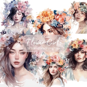 Flower Girls Watercolor Clipart Bundle, Transparent PNG, Digital Download, Junk Journal Scrapbooking, Fashion illustration, Commercial Use