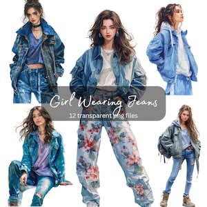 Mode Mädchen in Jeans Aquarell Clipart Bundle, transparente PNG, digitaler Download, Karte machen schöne Frau Dame, Modell Illustration