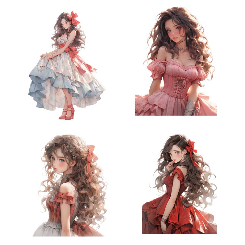 May include: Four illustrations of anime girls with long, curly hair wearing different styles of dresses. The girls are wearing red, pink, and blue dresses with floral patterns. The girls are all smiling and looking at the viewer.