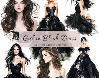 Girl in Black Dress Watercolor Clipart Bundle, Transparent PNG, Digital Download, Card Making Pretty Woman Scrapbooking Junk Journal