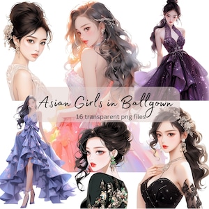 Asian Girls in Ballgown Watercolor Clipart Bundle, Transparent PNG, Digital Download, Pretty Girl Fashion Card Making,Junk Journal,Scrapbook