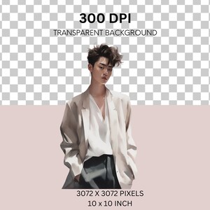 May include: A man wearing a white shirt and a beige blazer with his hand in his pocket. The background is a light pink color.