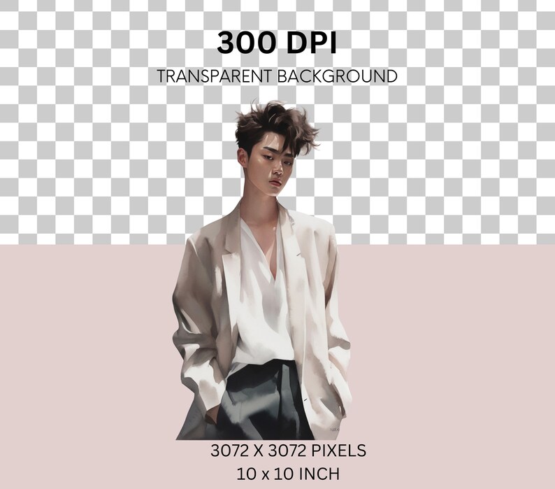 May include: A man wearing a white shirt and a beige blazer with his hand in his pocket. The background is a light pink color.