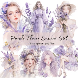 Paarse bloem meisjes aquarel clipart bundel, transparante PNG, portret meisje, mode clipart, papier ambachtelijke, kaart ongewenste Journal scrapbooking
