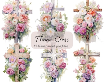 Flower Cross Watercolor Clipart Bundle, Transparent PNG, Digital Download, Home Decoration Card Making, Junk Journaling, Commercial Use