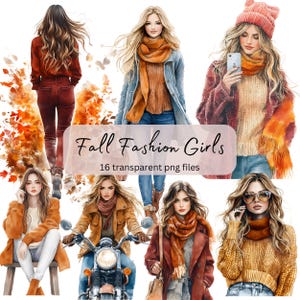 Pacote de clipart de aquarela para meninas da moda de outono, PNG transparente, download digital, criação de cartões, linda mulher, aconchegante Cottagecore outono