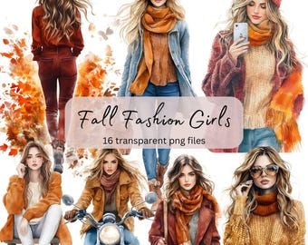 Herbst Mode Mädchen Aquarell Clipart Bundle, transparente PNG, digitaler Download, Kartenherstellung schöne Frau Dame, gemütlichen Cottagecore Herbst