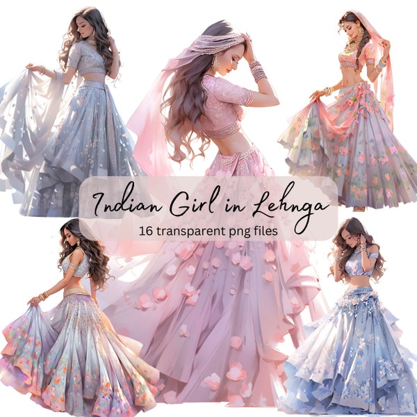 Indian Girl in Lehenga Aquarelle Clipart Bundle, PNG transparent, Téléchargement numérique, Fabrication de cartes de mode, Sublimation, Autocollant de planificateur numérique