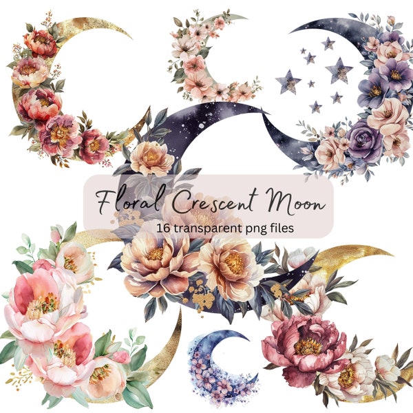 Floral Crescent Moon Watercolor Clipart Bundle, Transparent PNG, Digital Download, Junk Journal Card Making, Junk Journaling, Commercial Use