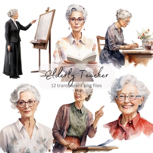 Elderly Teacher Watercolor Clipart Bundle, Transparent PNG, Digital Download, Card Making, Junk Journal People Illustration, Commercial Use