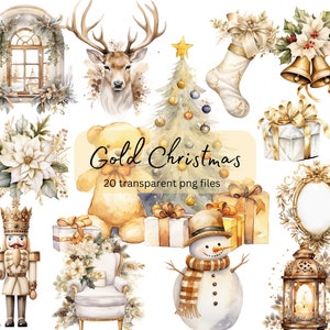 Gold Weihnachten Clipart Aquarell Bundle, transparentes PNG, Winter Urlaub Clipart, digitaler Download, Kartenherstellung Scrapbooking, kommerzielle Nutzung
