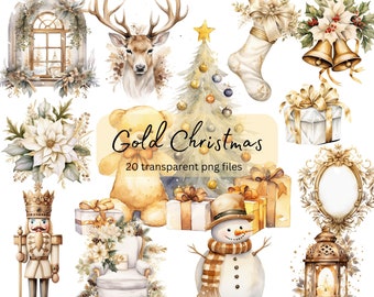 Gold Christmas Clipart Watercolor Bundle, Transparent PNG, Winter Holiday clipart, Digital Download, Card Making Scrapbooking,Commercial Use