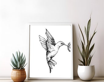 Hummingbird Art Print: Ink Drawing, Bird Wall Decor (Digital Download)