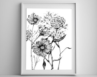 Wildflower Ink Art Print: Botanical Line Drawing (Digital Print)