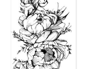 11 x 14 Peony Flower Ink Drawing Art Print, Elegant Floral Wall Decor