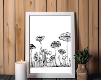 Mushroom Ink Drawing Art Print: Mixed Fungi Wall Decor (Digital Download)