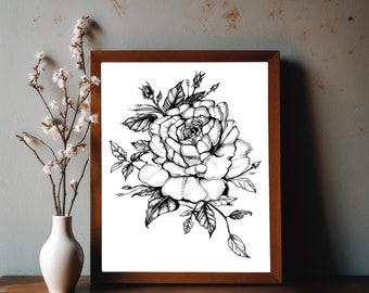 Rose Ink Drawing Art Print: Botanical Wall Decor (Digital Download)
