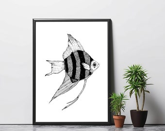 Angelfish Ink Drawing Art Print: Ocean Animal Line Art (Digital Download)