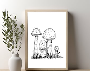 Mushroom Art Print: Fungi Illustration, Botanical Wall Decor (Digital Download)