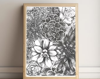 Succulent Art Print: Mixed Variety, Botanical Wall Decor (Digital Print)