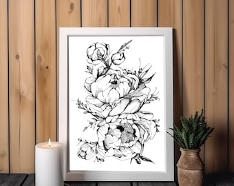 Peony Flower Line Art Print: Botanical Wall Decor (Digital Download)