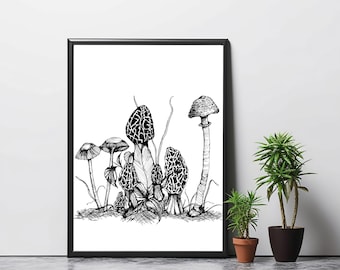 Mushroom Art Print: Ink Drawing Wall Decor (Digital Download)