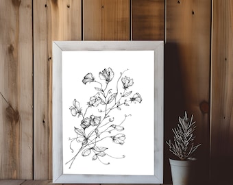 Sweatpea Flower Print: Botanical Line Art, Wall Decor (Digital Download)