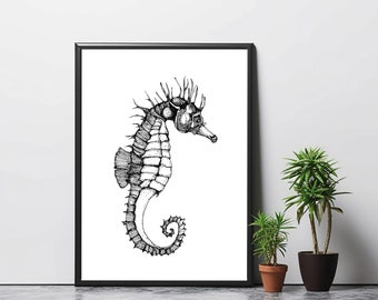 PRINTABLE Seahorse Art Print, Ink Drawing, Original Art, Ocean Wall Art, Ocean, Wall Art INSTANT DOWNLOAD