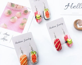 Sushi drop earrings, sushi jewellery, funny miniature food earring, kawaii earrings, japanese earrings, foodie jewelery, quirky