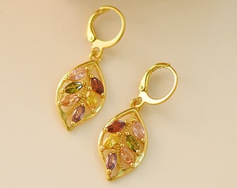 Gold leaf dangle earrings, blue leaf earrings, earthy, artsy earrings, monstera earrings, maple leaf earrings