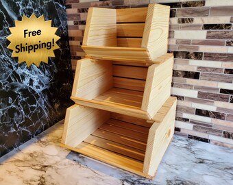 Set of 3 stackable produce bins, Wooden produce bins, Kitchen counter storage bins, Produce bin set, Fruit baskets, Wooden Storage bins