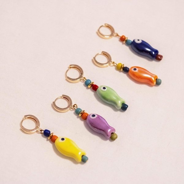 Multicolor Mix & Match Ceramic Fish with Seed Beads on Gold-Plated Huggie Hoops