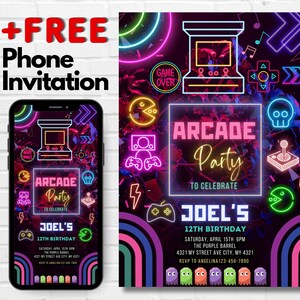 Glow Gaming Arcade Birthday Party Invitation | Neon Glow Party | Editable | Instant Download