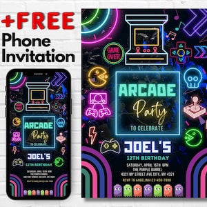 Glow Gaming Arcade Birthday Party Invitation | Neon Glow Party Theme | Editable | Instant Download