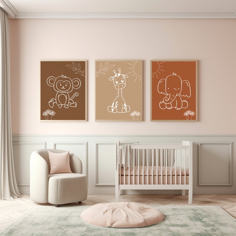 Set of 3 Boho Safari Line Art, Jungle Animal Nursery Wall Art for Kids ...