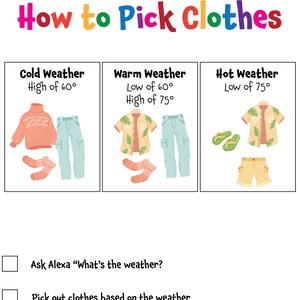 Peut inclure: Une liste de contrôle pour choisir des vêtements en fonction de la météo. La liste de contrôle comprend trois conditions météorologiques : temps froid, temps chaud et temps chaud. Chaque condition météorologique a une plage de température et une illustration de vêtements adaptés à cette météo. La liste de contrôle comprend également quatre étapes : Demandez à Alexa « Quel temps fait-il ? », Choisissez des vêtements en fonction de la météo, Habillez-vous et deux lignes vides.